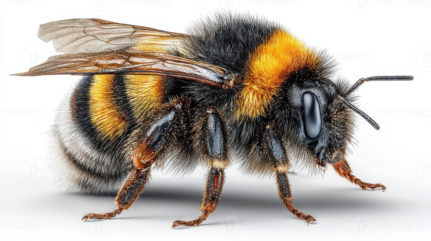 Detailed close-up of a bumblebee showcasing its vibrant fur patterns and delicate wings against a white background photo