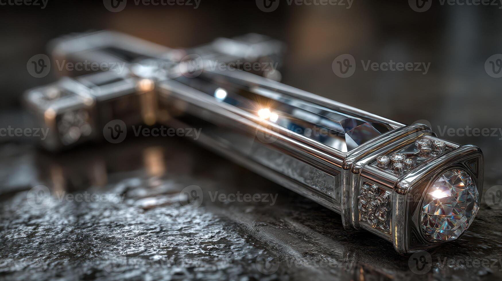 Intricate silver cross with crystal details resting on a dark stone surface, showcasing craftsmanship and elegance photo