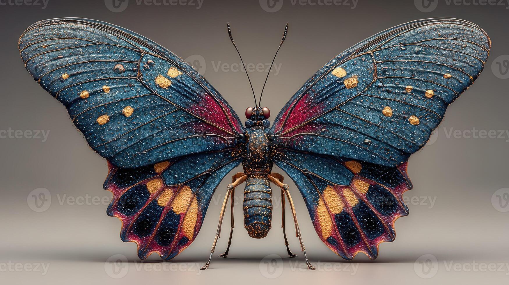 Beautifully detailed blue butterfly with colorful patterns on a plain background photo