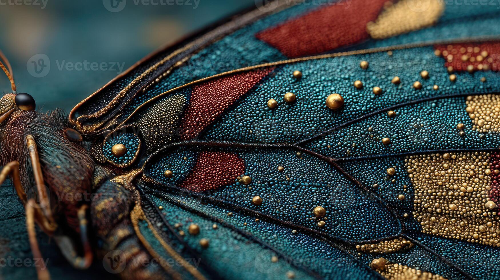 Close-up view of a colorful butterfly showing intricate wing patterns and textures in natural lighting photo