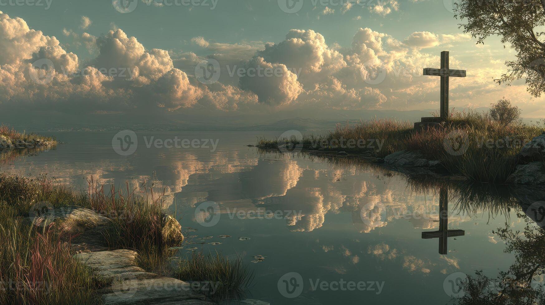 Calm reflection of a cross by a serene lake under a cloudy sky at dusk photo