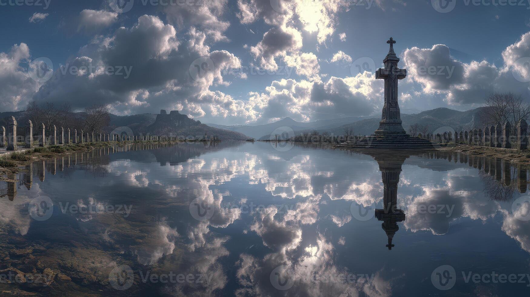 Serene landscape with reflective water and cloudy sky near a monument at sunset in a tranquil setting photo
