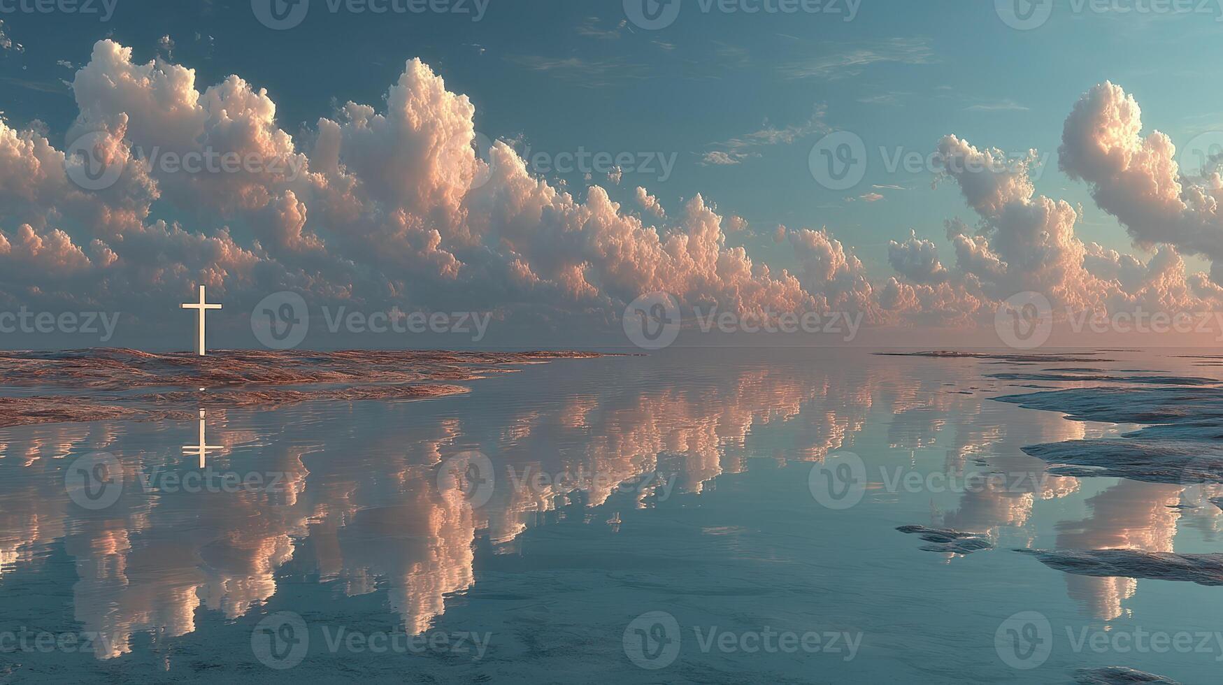 Reflections of a serene sunset over calm waters with a cross standing in solitude at the horizon photo