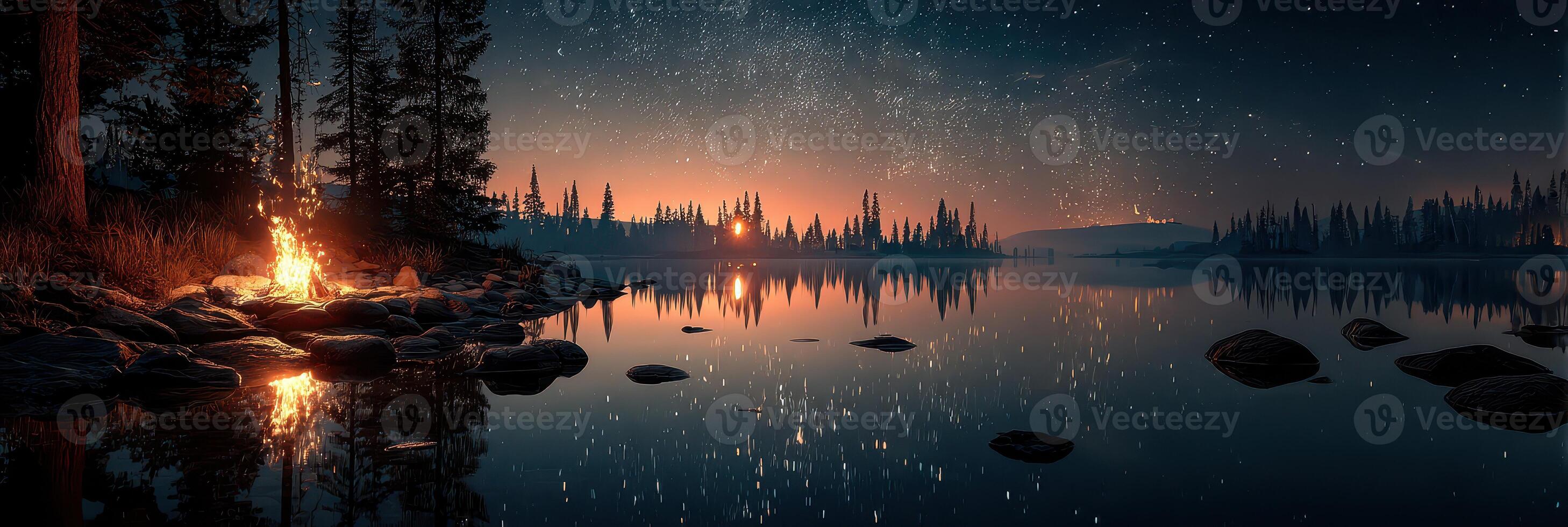 Starlit camping night by a serene lake with a glowing campfire and reflections on the water photo