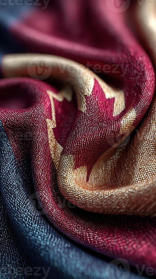 Textured close-up of a Canadian flag fabric showcasing intricate details and vibrant colors photo