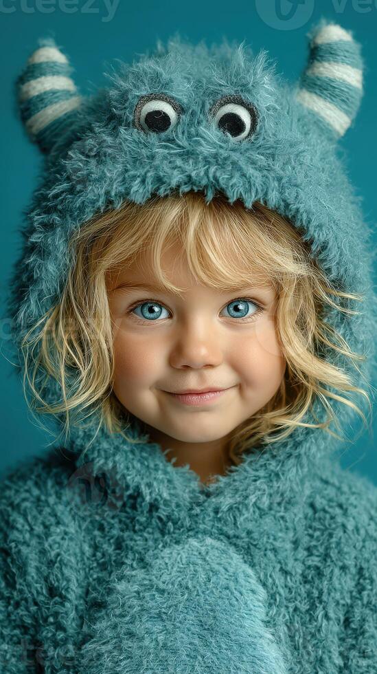 Child wearing a fluffy blue monster costume with a playful expression against a blue background photo