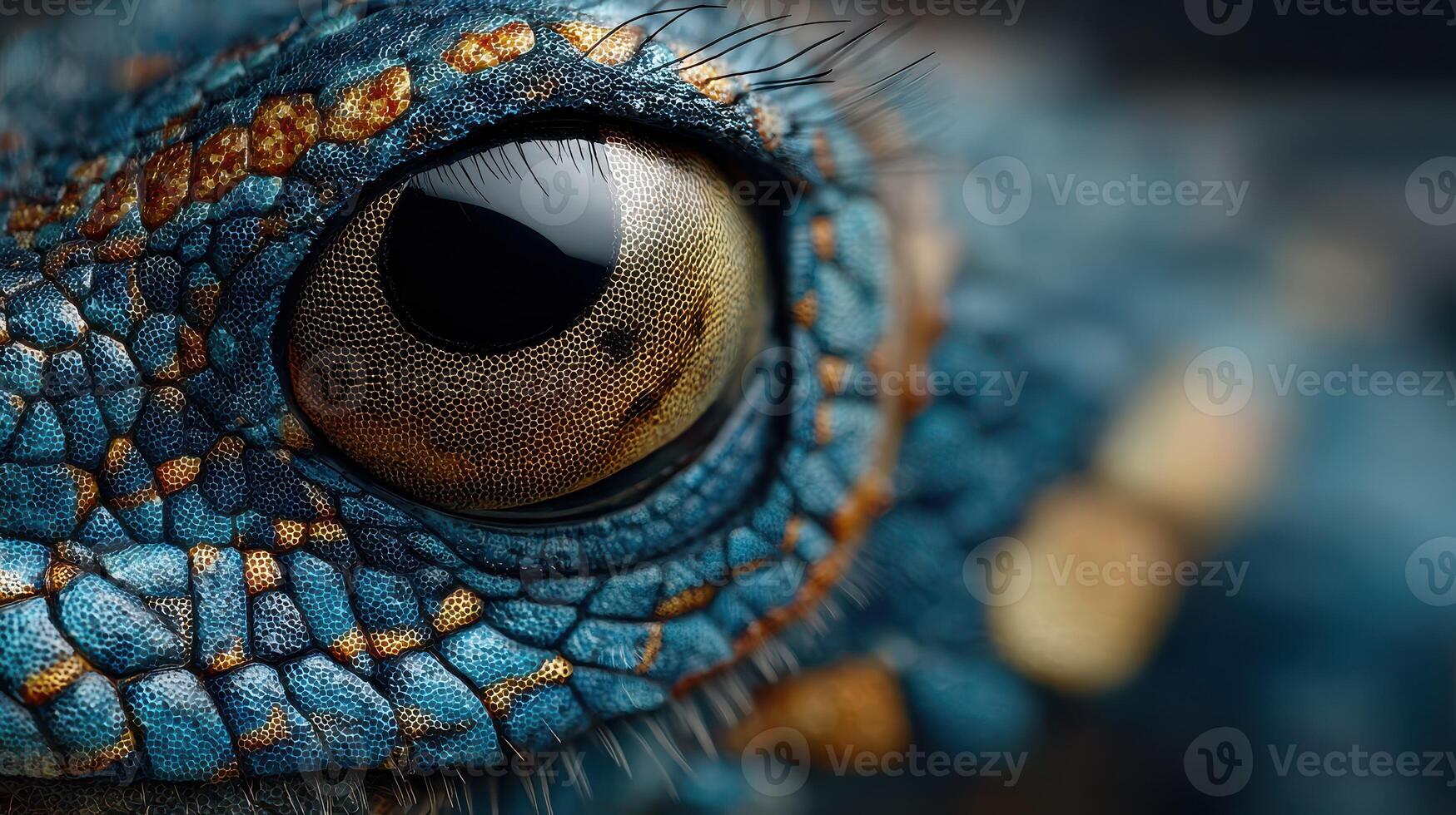 Close-up view of a vibrant blue lizard eye revealing intricate details and textures in natural light photo