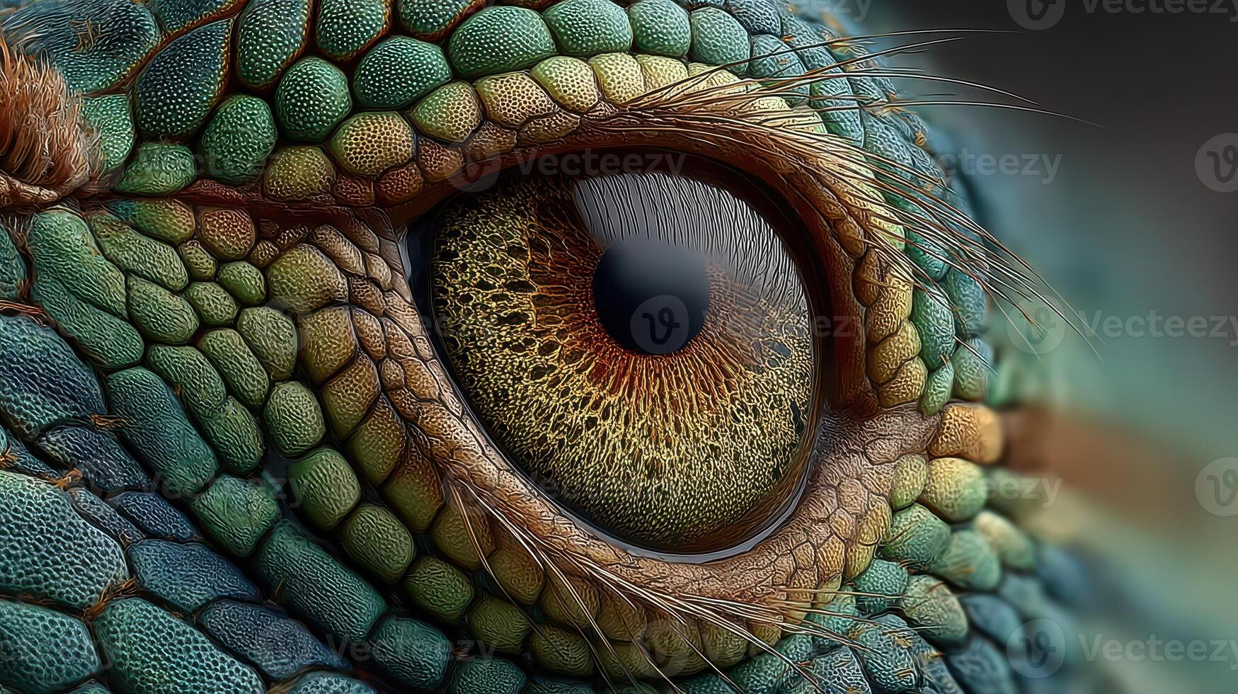 Close-up view of a detailed reptile eye with vibrant colors and intricate patterns under natural light photo