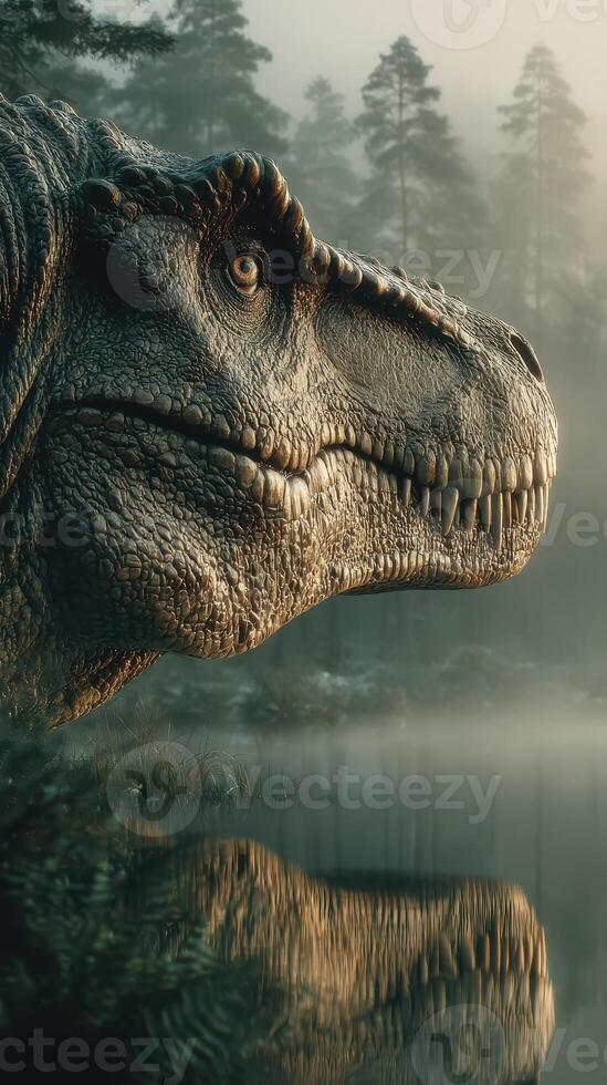 Dinosaur stands at the edge of a misty lake surrounded by dense forest in the early morning light photo