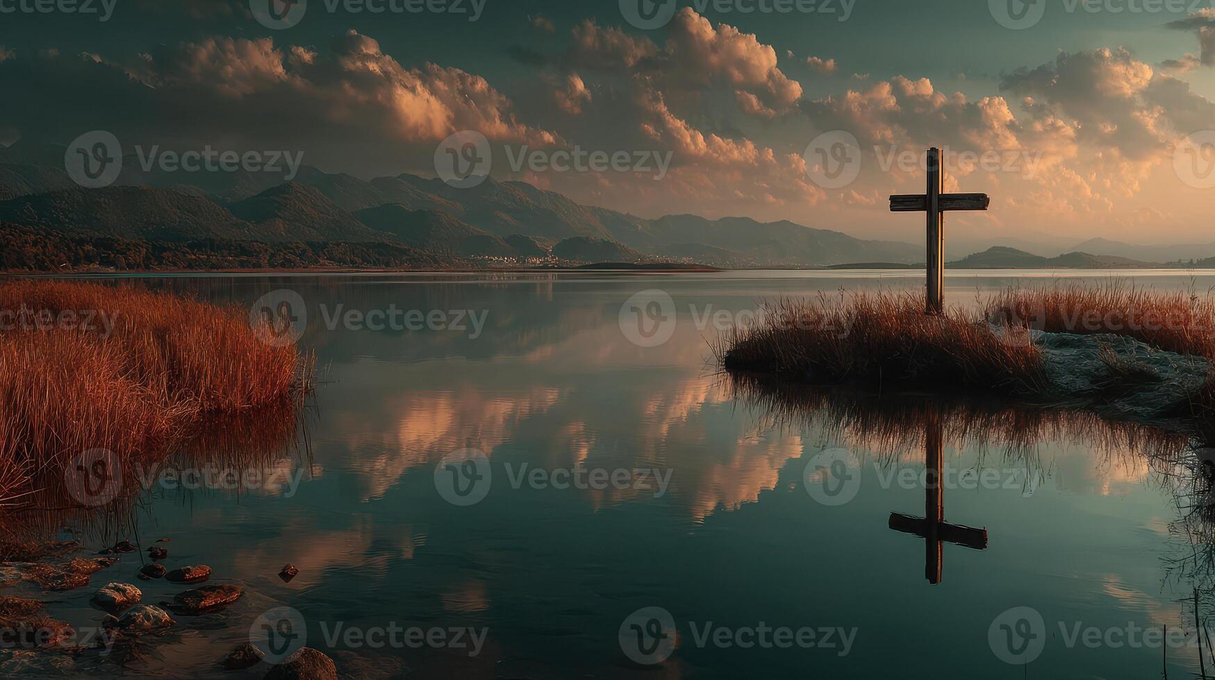 Cross standing in tranquil waters reflecting mountains and clouds at dusk photo