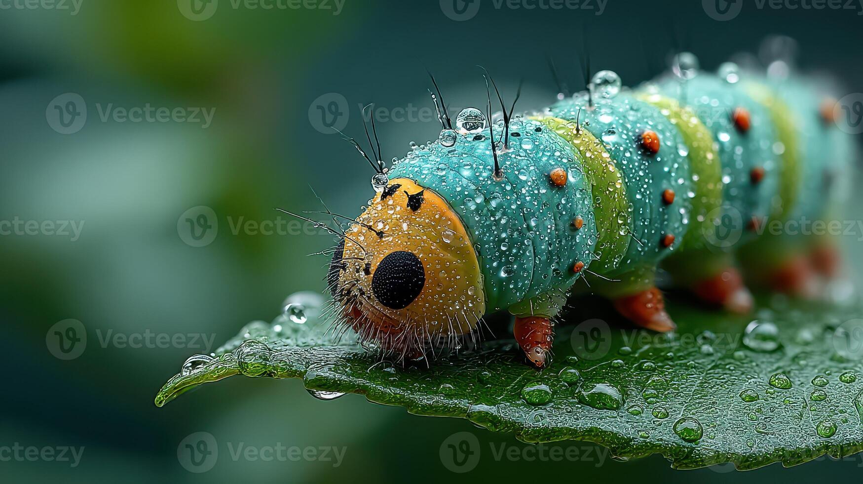 Brightly colored caterpillar covered in dew resting on a green leaf in a lush garden during early morning photo