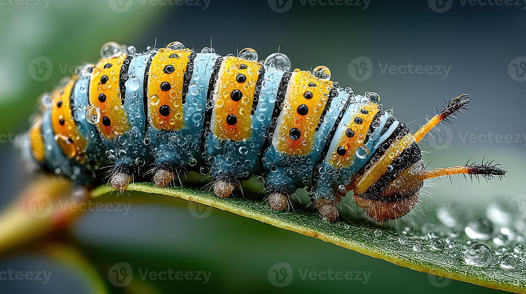 Close-up of a vibrant caterpillar covered in dew on a green leaf in a forest in early morning light photo