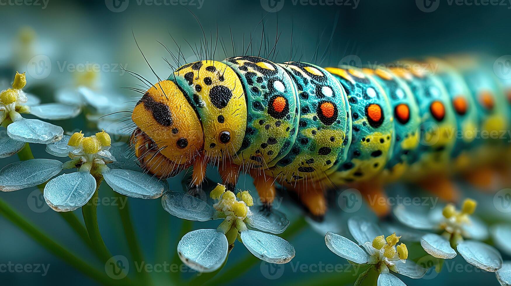 Colorful caterpillar crawls on delicate green leaves during a sunny summer day in a tranquil garden photo