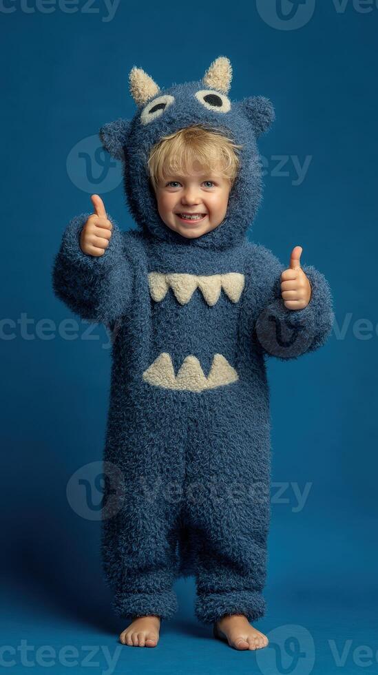 Child in cozy blue monster costume giving thumbs up against solid blue background photo