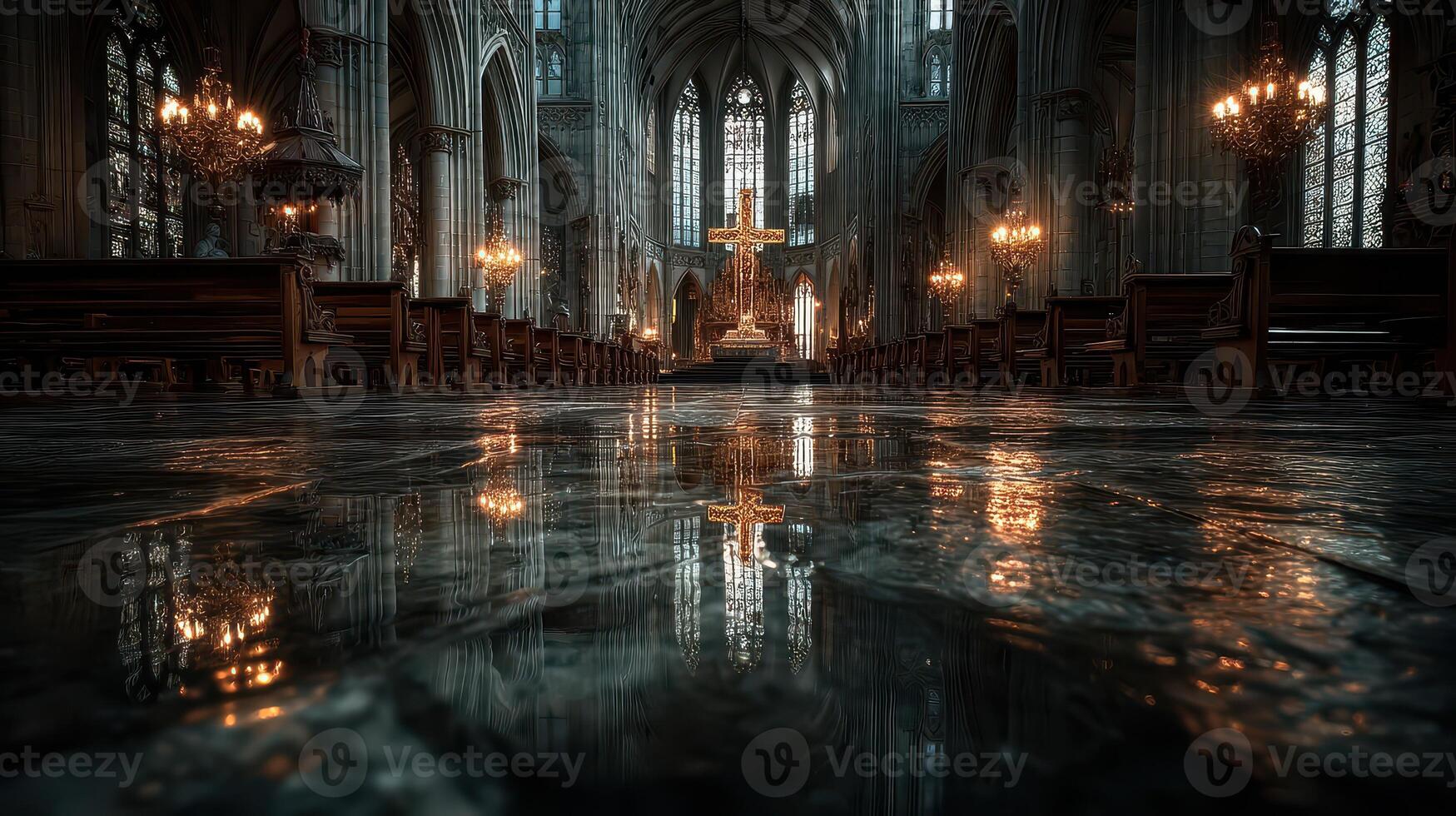 Stunning interior of a historic cathedral illuminated by soft lighting and reflecting on polished stone floors photo