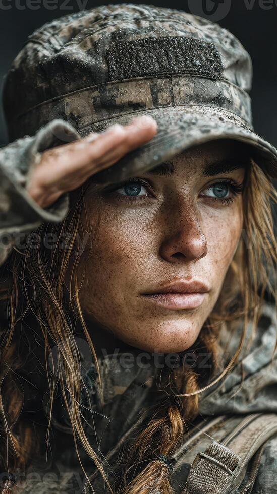 Woman in camouflage uniform salutes with a determined expression in a forested area during a military training exercise photo