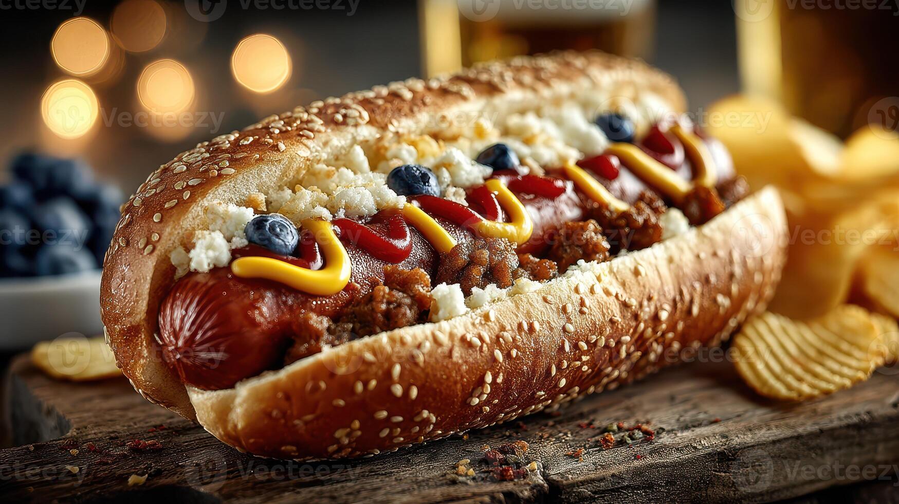 Delicious hot dog topped with chili, mustard, and ketchup served with chips and blueberries in a festive setting photo