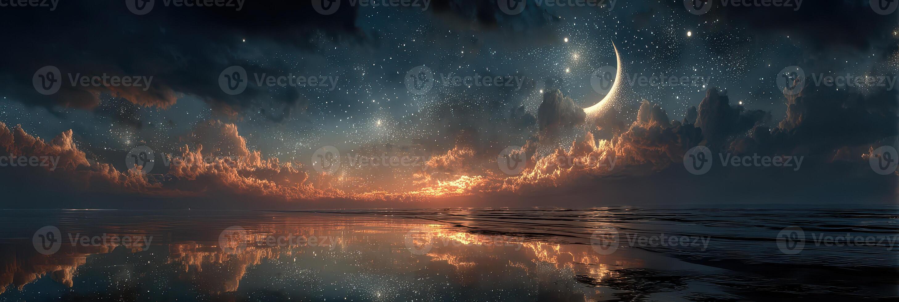 Stunning twilight over a calm ocean with stars and crescent moon illuminating the tranquil waters photo