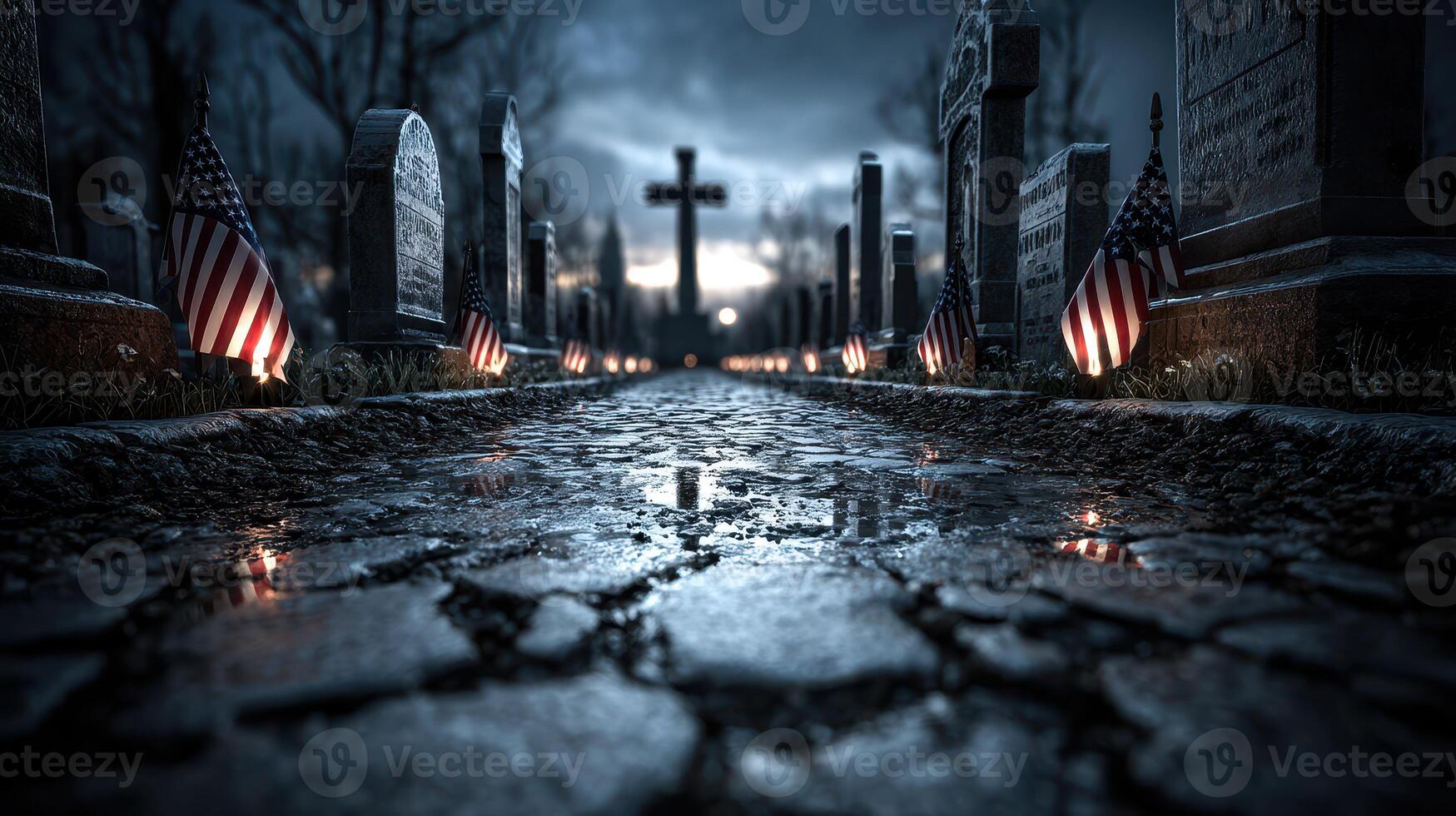 Eerie graveyard under a moody sky with glowing flags and a prominent cross at dusk photo