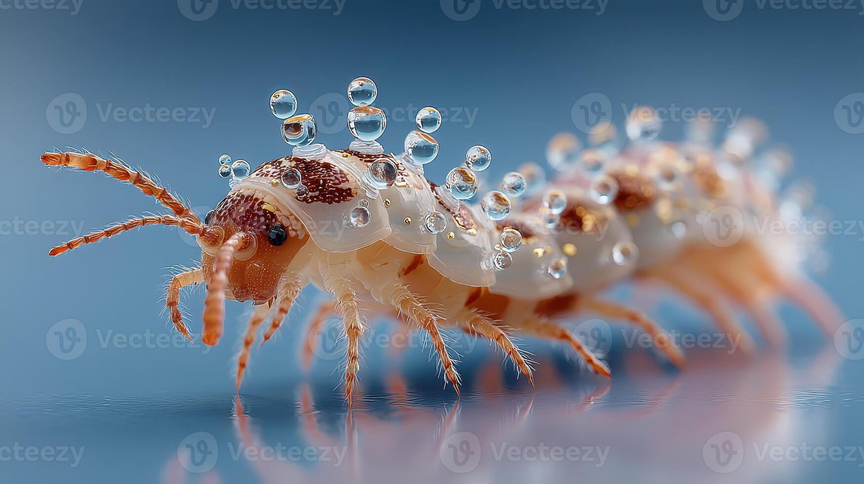 Close-up view of a tiny caterpillar covered in droplets on a smooth surface in natural light photo