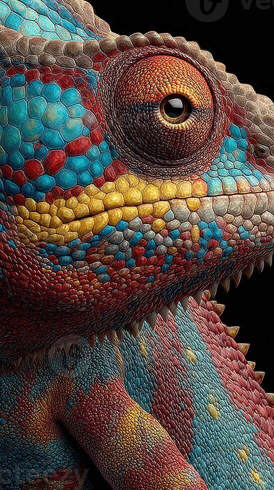 Colorful chameleon showcases vibrant scales in close-up capture under soft lighting photo