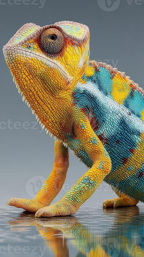 Colorful chameleon showcasing vibrant patterns and textures in a studio setting during daylight photo