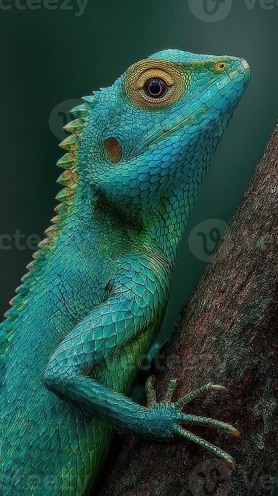 Colorful lizard perched on tree trunk showcasing vibrant scales in tropical environment photo