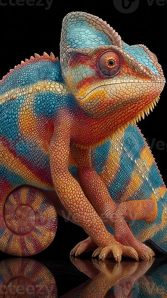 Vibrant chameleon displaying intricate patterns and colors while perched on an uneven surface in a studio setting photo