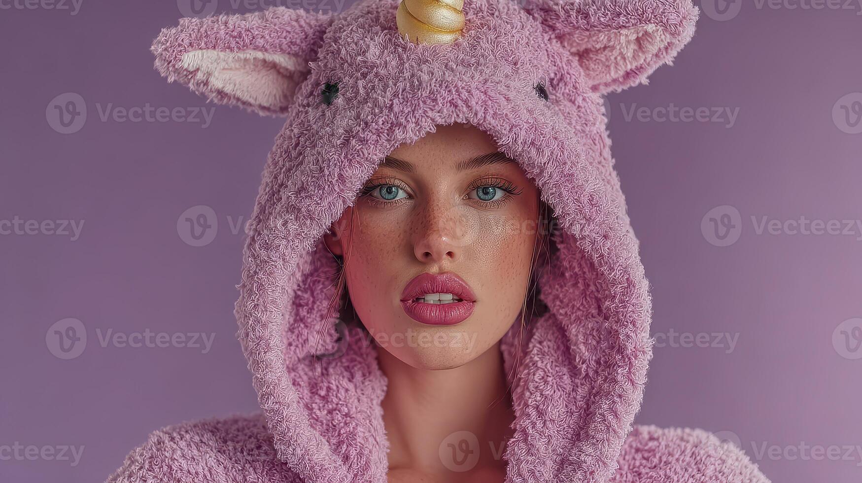 Young woman poses in whimsical unicorn hoodie against a pastel backdrop during a playful photoshoot photo