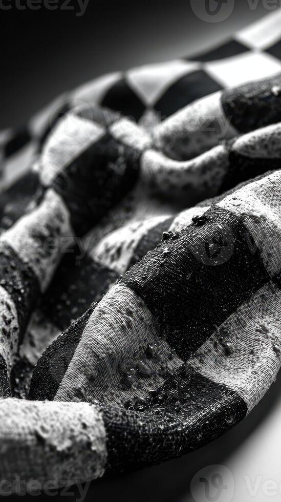 Close-up view of textured fabric with black and white checkerboard pattern showcasing detail and depth photo