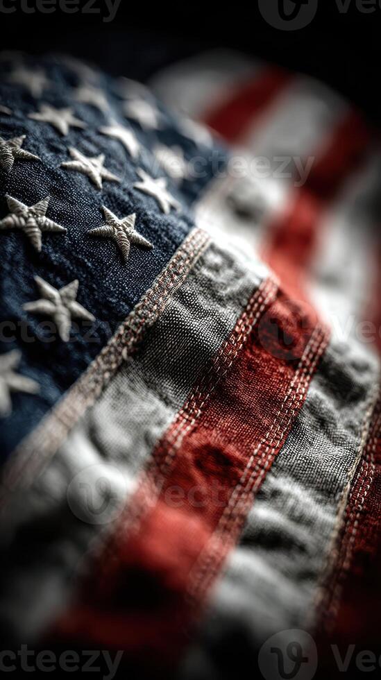 American flag with detailed texture and vibrant colors placed on a dark background, highlighting the fabric and stitching details photo