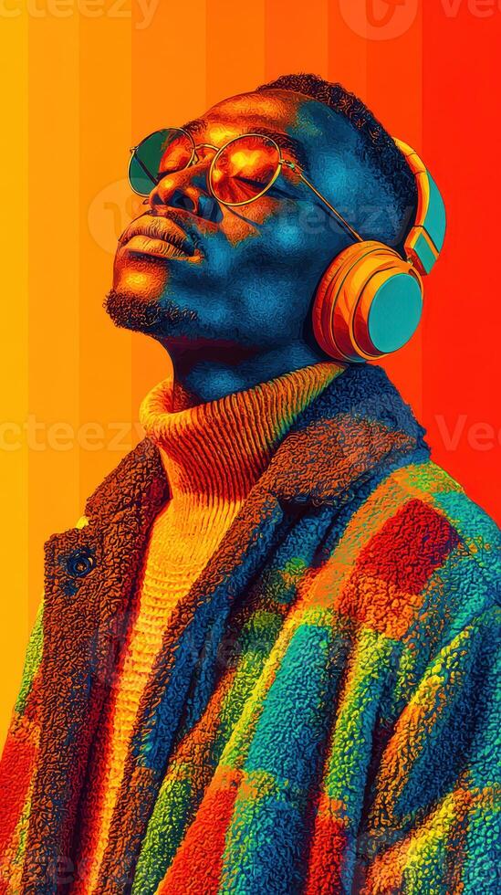 Vibrant portrait of a man enjoying music in colorful headphones against a gradient background photo