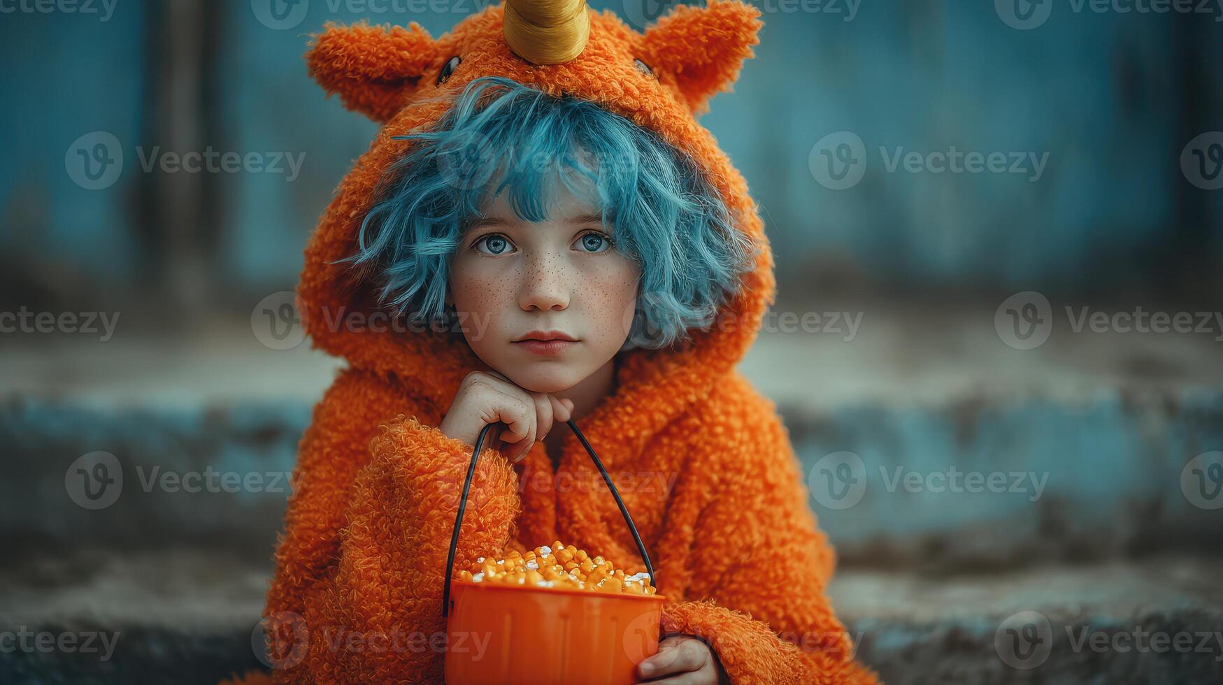 Child in vibrant orange costume holds a bucket of popcorn while sitting on steps in an outdoor setting during daytime photo