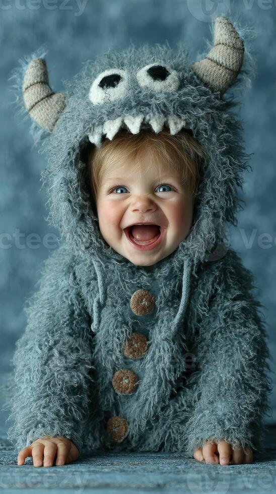 Baby wearing cute monster costume smiles joyfully in cozy indoor setting during playful photoshoot photo