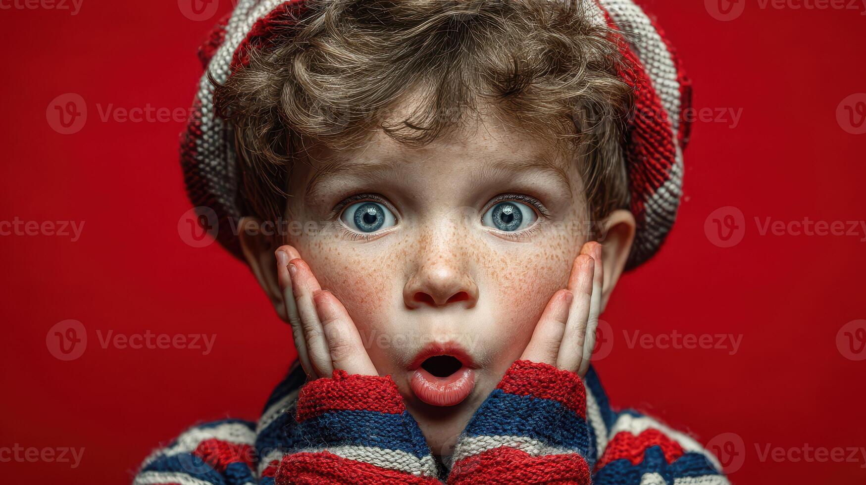 Shocked child displays surprise against a bright red background during an indoor activity photo