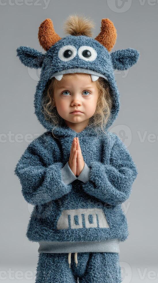Child in cozy monster-themed outfit posing with hands together indoors photo