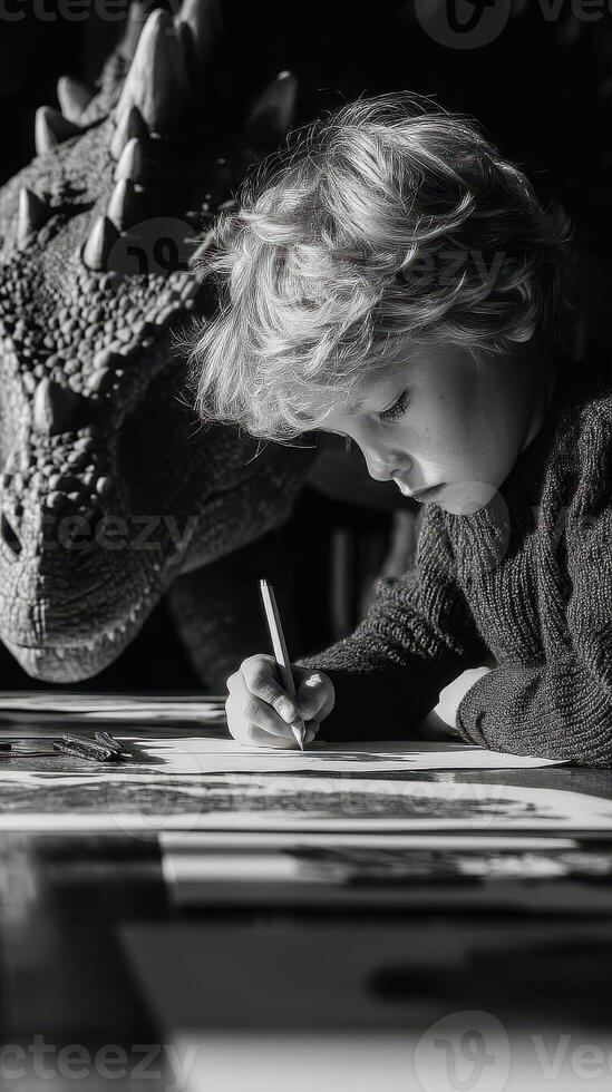 Young artist draws while friendly dinosaur looks on, capturing a moment of imagination and creativity in black and white photo