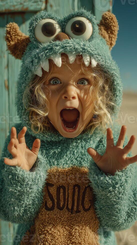 Child dressed in a monster costume playfully acting scary in a sunny outdoor setting photo