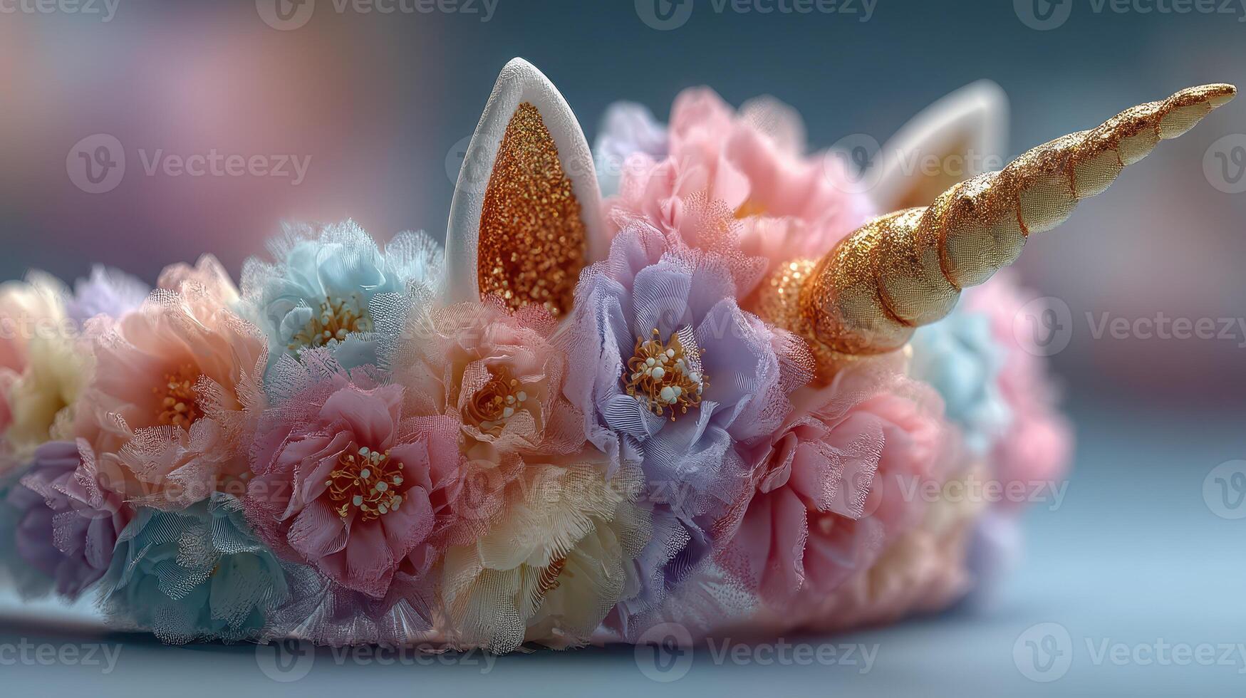 Floral unicorn headband with soft pastel colors and glittering horn on a blurred background photo