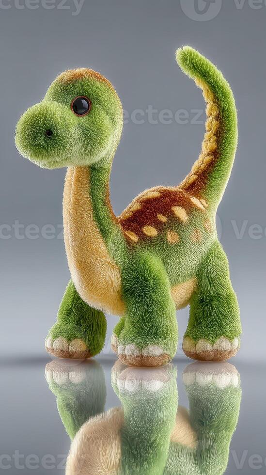 Cute green dinosaur plush toy standing on a reflective surface with a soft texture and charming appearance photo