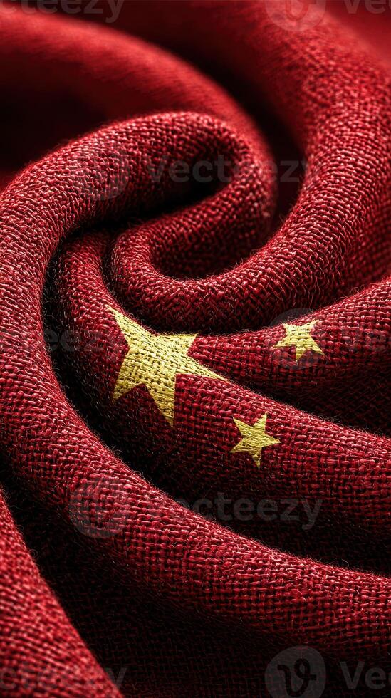 Rich texture of red fabric with golden stars representing national pride and identity of China photo