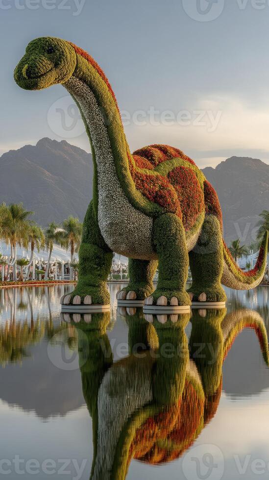 Giant dinosaur topiary reflects in serene water at dusk near mountains photo