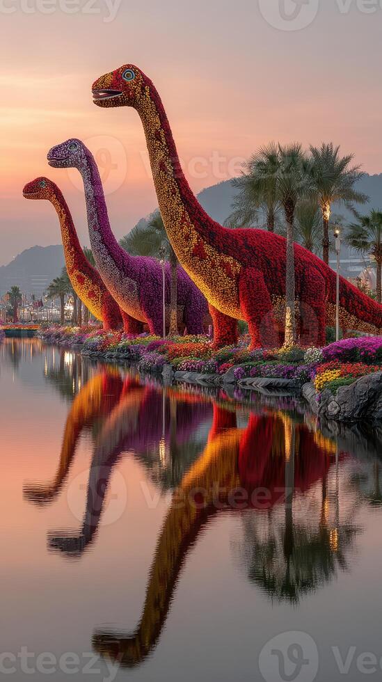 Colorful dinosaur sculptures reflect in water at sunset near a floral garden in a public park photo