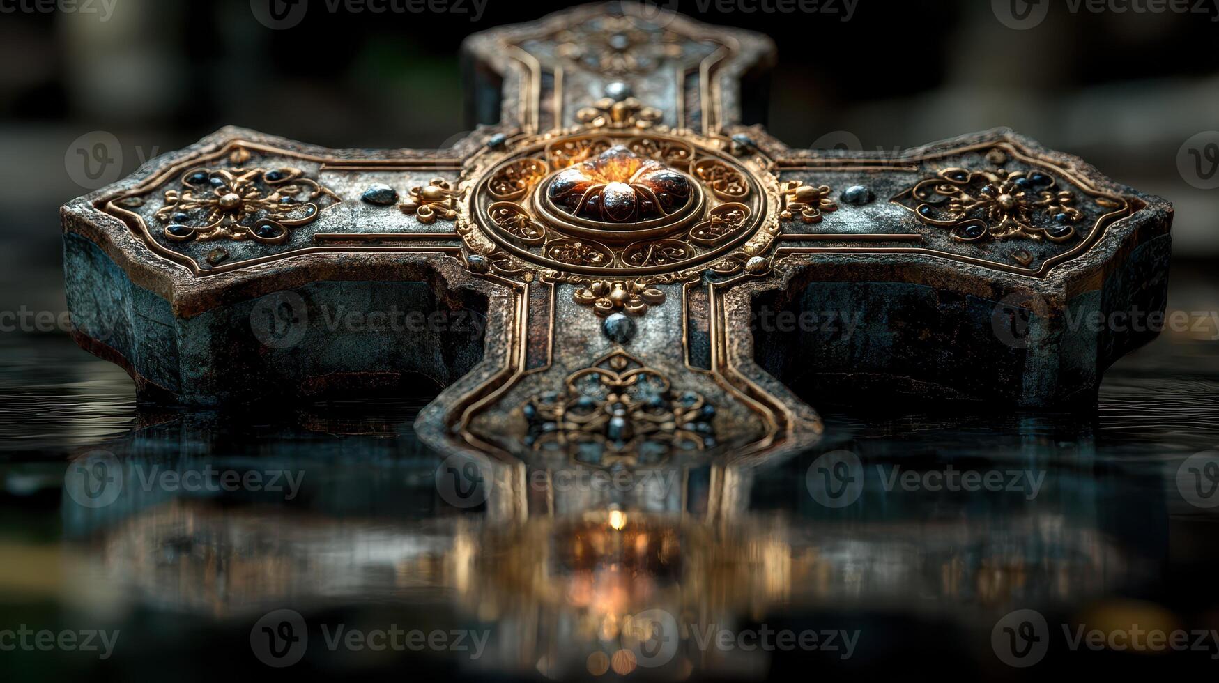 Intricate golden cross rests on reflective water surface in a serene setting illuminated by soft light photo