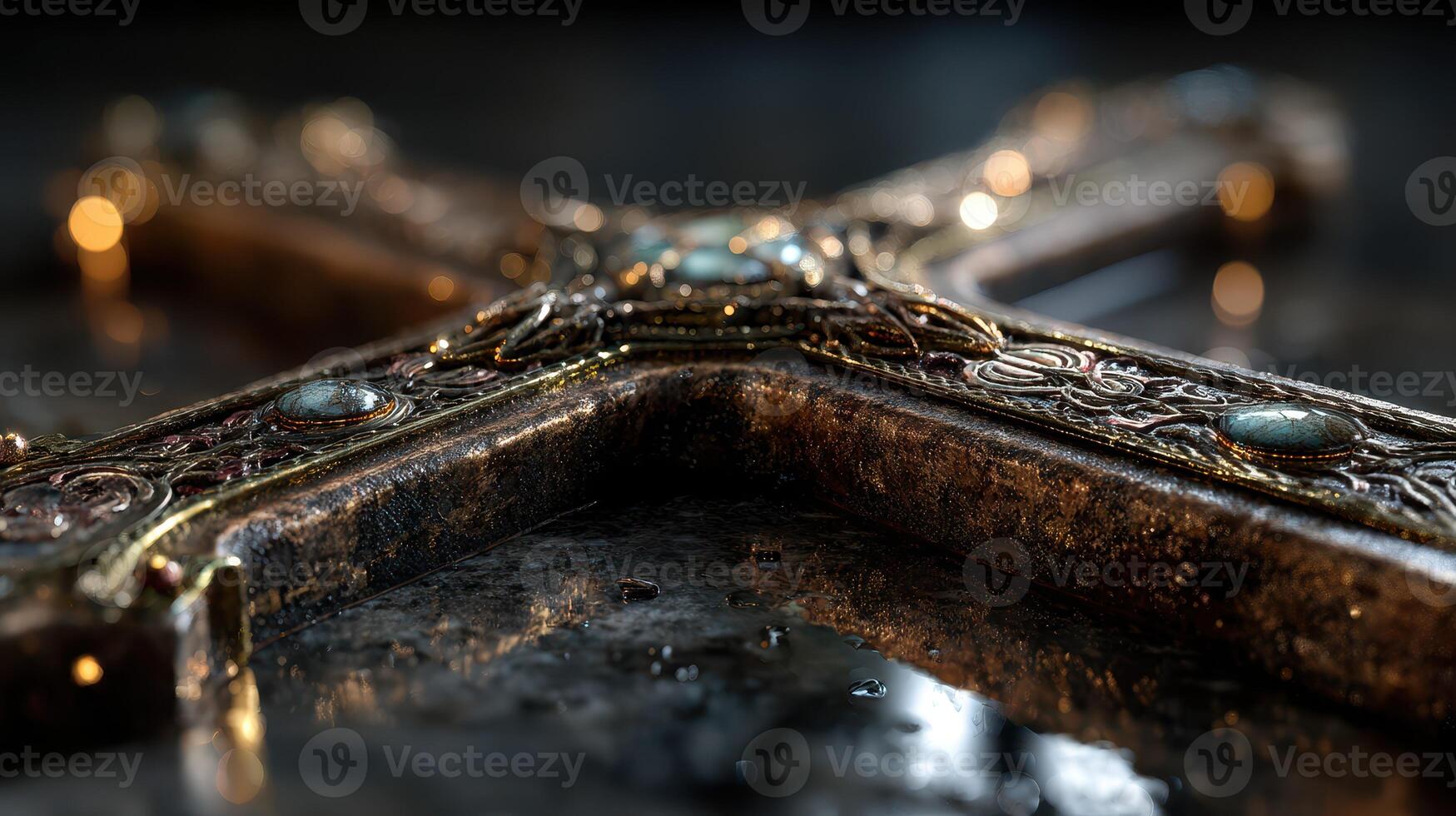 Intricate cross design displaying detailed craftsmanship in dimly lit environment with reflective surfaces photo