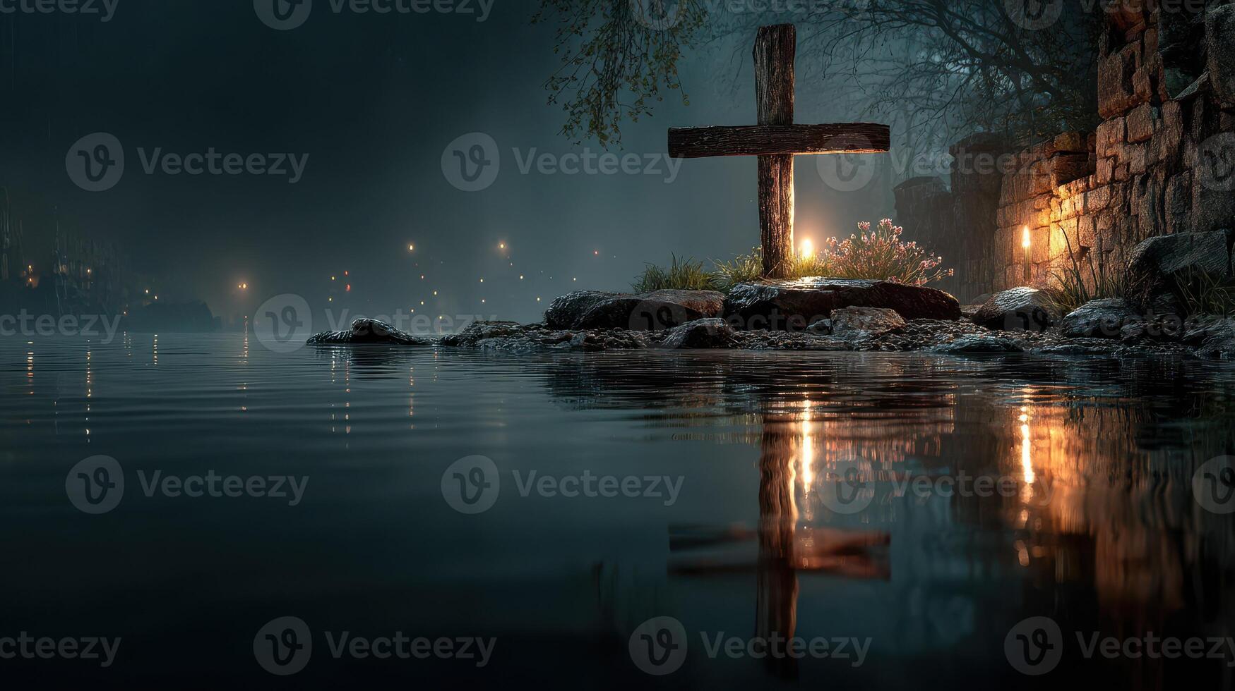 Reflection of a weathered cross in serene waters at night with glowing lanterns illuminating the landscape photo