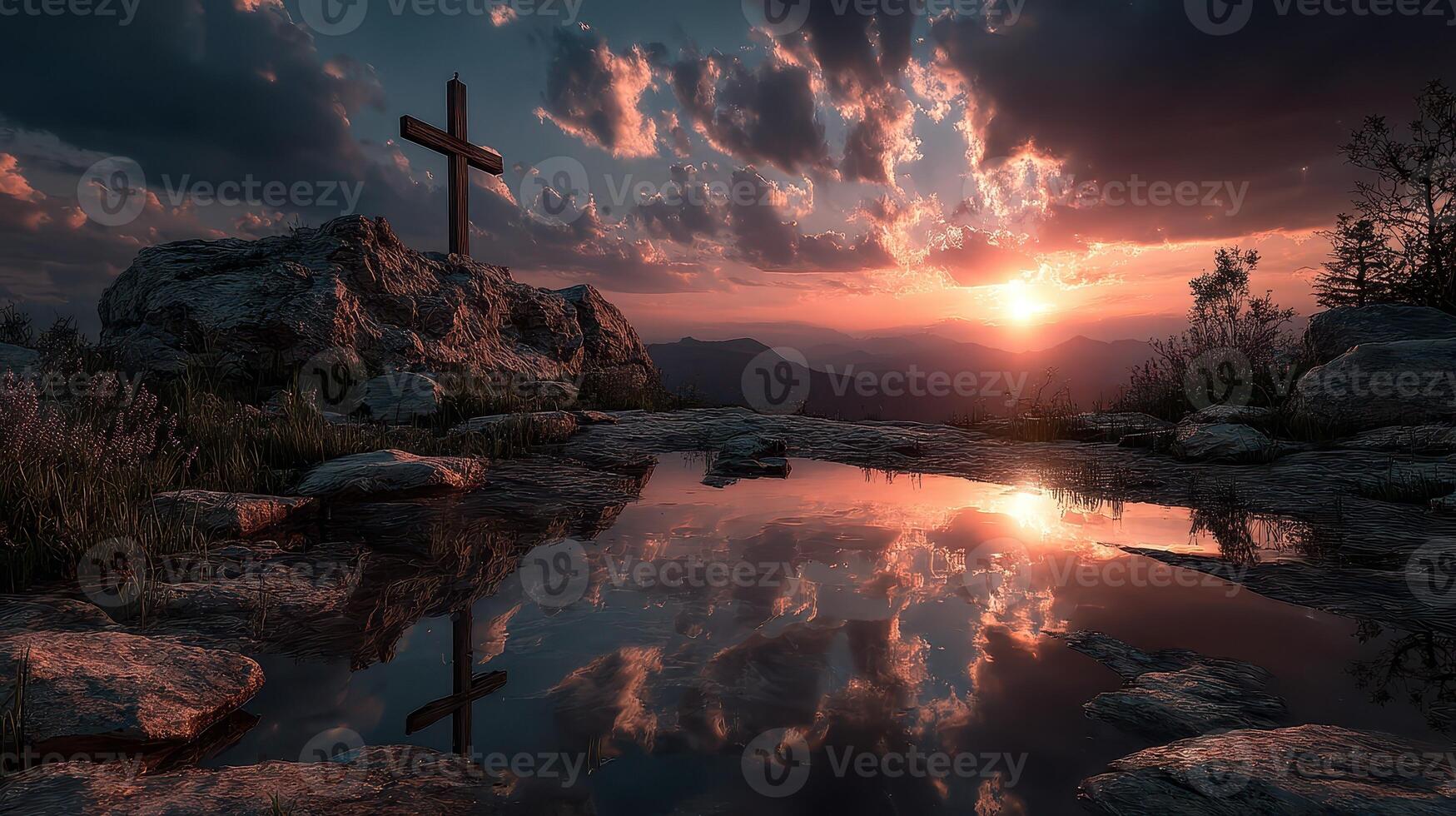 Sunset over rocky landscape with a cross and reflective pool in a serene mountain setting photo