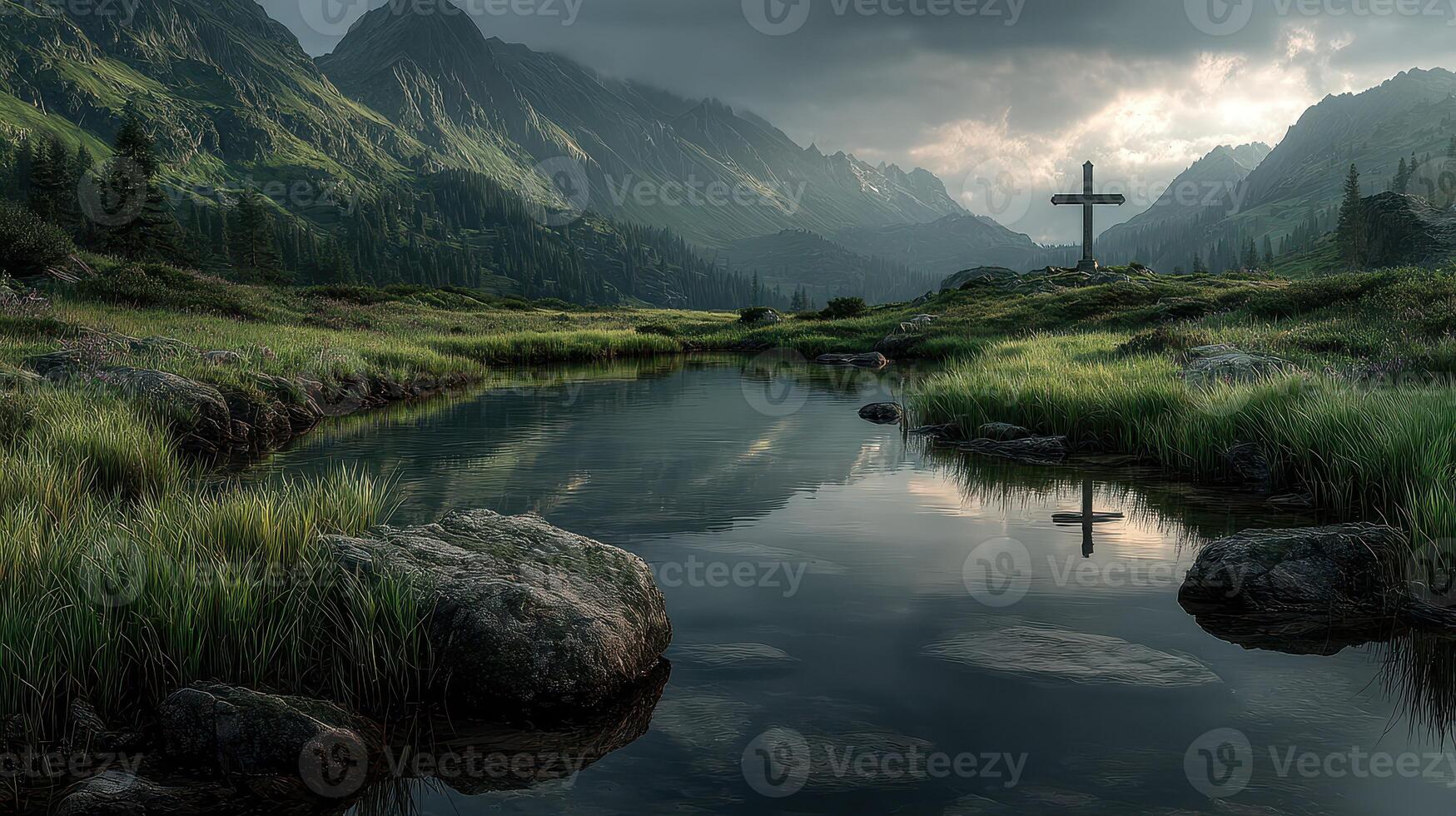 Mountains reflect serene beauty by a tranquil river with a cross at dusk in a peaceful valley photo