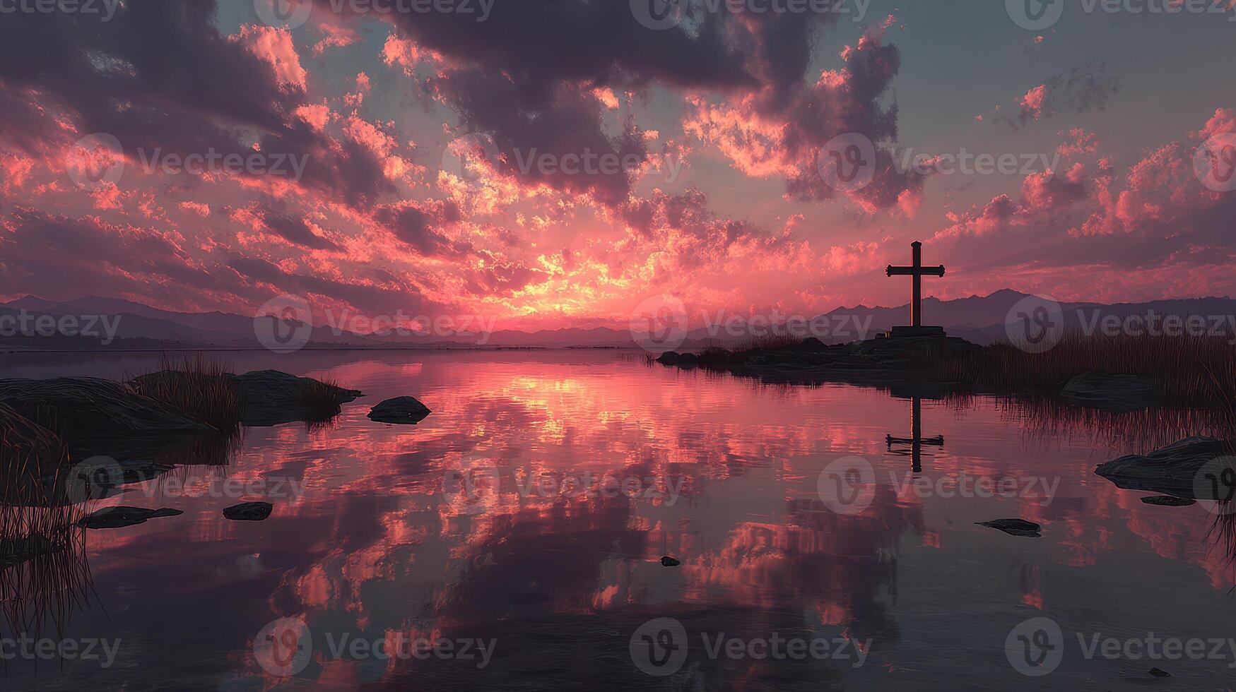 Sunset over tranquil waters with a cross silhouette in a serene landscape of mountains and clouds photo