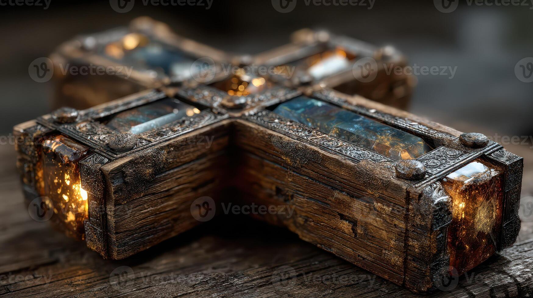 Intricate wooden cross with glowing elements resting on a textured surface in a dimly lit environment photo